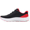 A pair of athletic shoes in black and red is displayed side view showcasing a sleek design and a white sole with textured details designed for comfort and performance.