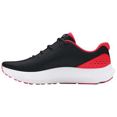 A pair of athletic shoes in black and red is displayed side view showcasing a sleek design and a white sole with textured details designed for comfort and performance.