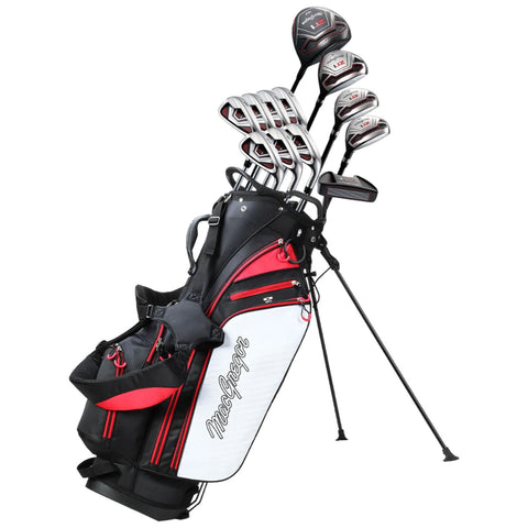 A golf bag stands upright with several clubs inserted in the top section while additional zippered pockets are visible on the side showing a black and white design with red accents.