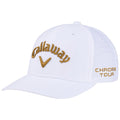 A flat-brimmed white golf cap features golden embroidered text spelling "Callaway" and "CHROME TOUR" along with a logo on the front, suitable for sun protection during golf activities.