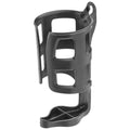 A black plastic cup holder is positioned upright with open spaces for drinks. It appears designed for mounting or attachment, suitable for use in vehicles or similar environments.