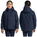 A young girl smiles while wearing a navy blue jacket with a hood and front zippers she stands against a plain white background showcasing both the front and back view of the jacket.