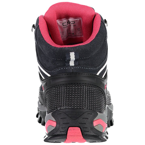 A black and pink hiking boot stands upright showcasing its rugged sole and mesh construction The interior has a padded ankle collar for comfort with a label visible inside