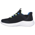 A black athletic shoe features a textured mesh upper with neon green and blue accents and a white sole with a wavy design suitable for casual or sports activities.