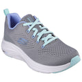 A grey athletic shoe with light blue accents is positioned at an angle showcasing its mesh design and lacing system in a neutral background suitable for casual wear or exercise.