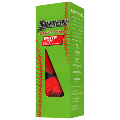 A green box displays three red golf balls labeled Srixon Soft Feel featuring information on performance characteristics including softer feel long distance mid-high flight and various spin metrics.