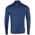 A navy blue long-sleeve shirt is displayed with a high collar and smooth fabric emphasizing a sleek design against a plain background suggesting a focus on activewear or casual attire.