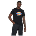 A man stands confidently with one hand in his pocket wearing a black t-shirt featuring a colorful logo that reads Dickies with the text HARD WORKING SINCE 1922 beneath it. He pairs the shirt with dark cargo pants.