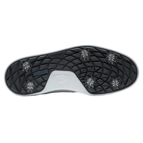 A golf shoe's sole featuring a textured black rubber design with multiple spikes uses a durable material for optimal grip on the course to enhance performance while playing golf.