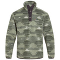 A green fleece pullover with a patterned design features a high collar and snap buttons at the neck, suitable for casual wear or outdoor activities.