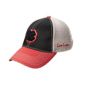 A baseball cap features a black and red color scheme with a four-leaf clover embroidered on the front and the phrase Live Lucky stitched in red on the side