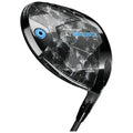 A golf club head is angled downward with a sleek black and gray design showcasing a blue accent on the face highlighting this golfing equipment's modern and aerodynamic features.