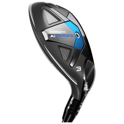 A golf club is depicted angled diagonally with a black and blue design featuring numbering and brand labeling indicating it is a three wood used for hitting the golf ball.