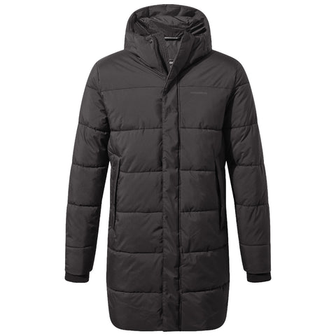 A black puffer coat stands upright showcasing its long sleeves and hood providing insulation and warmth suitable for cold weather conditions with quilted segments for style and comfort