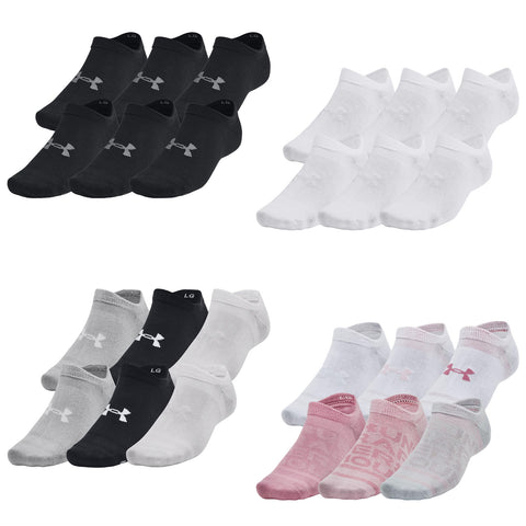 Four groups of socks are displayed with various colors including black white gray and pink each group consists of six pairs showcasing a sporty brand logo on the ankle area.