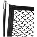 A black sports netting is attached to a vertical black pole with a metal connector and a white cord at the top showcasing a hexagonal mesh pattern in a simple setting.