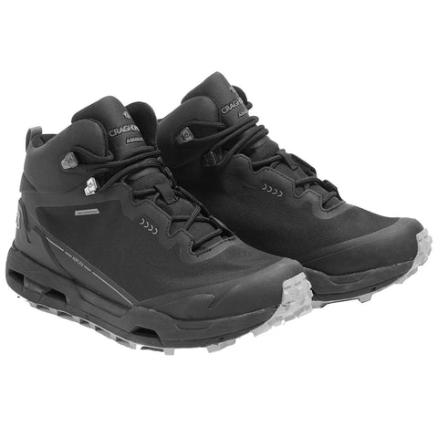 Black hiking shoes are displayed together on a white background. They feature a high-top design with a textured surface and a rugged sole suitable for outdoor activities.