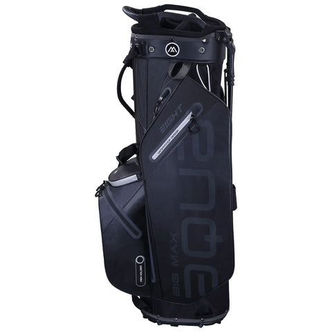 A black golf bag stands upright featuring multiple compartments and a sturdy handle showcasing a sleek design ideal for carrying golf clubs and accessories on a golf course.