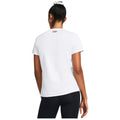 A person stands showing the back of a white t-shirt with short sleeves and black leggings the setting is likely casual or athletic with a simple background