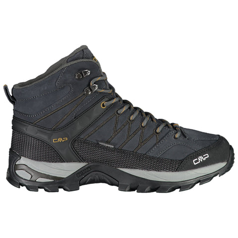 A black hiking boot stands upright showcasing a textured waterproof surface and prominent laces The sturdy sole and ankle support suggest functionality for outdoor activities in varied terrains