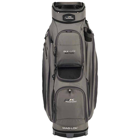 A golf bag stands upright featuring multiple zippered pockets and a structured top compartment for clubs highlighting a sleek gray design with branding on various sections.