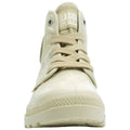 A beige high-top sneaker is centered in the image with laces tied and eyelets visible showcasing a textured surface and a rubber sole intended for casual wear.