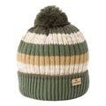 A knitted beanie hat features alternating stripes of green, beige, and white with a pom-pom on top and a folded brim displaying a tag labeled Craghoppers.