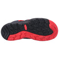 A shoe's sole with black rubber and red accents shows tread patterns designed for grip and traction suitable for athletic activities or outdoor use placed on a neutral background.