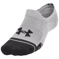 A gray athletic sock is positioned upright showcasing a black toe and logo while highlighting its seamless construction against a neutral background.