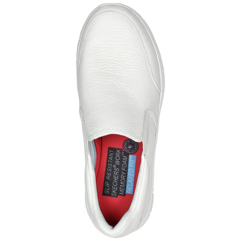 A white slip-on shoe with a smooth leather texture is positioned top-down showing its interior which includes red padding and labels indicating slip resistance and memory foam features.