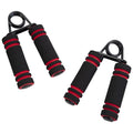 Resistance spring hand grips designed for strength training are positioned side by side featuring black handles with red accents and a central coil spring for tension adjustment.