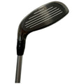 A golf club head with grooves is positioned at an angle suggesting readiness for a swing in an isolated background, emphasizing its polished and sleek design.