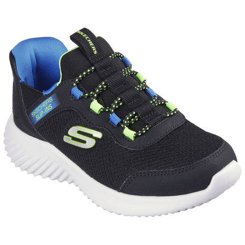 A black athletic shoe with a white sole features a streamlined design and elastic laces adorned with green and blue accents showcasing the brand name Skechers on the side