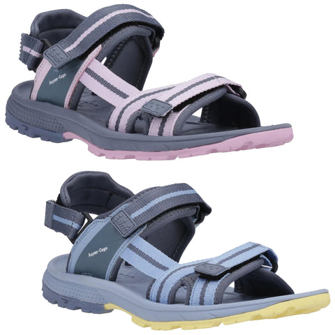 Footwear is displayed featuring two pairs of open sandals with adjustable straps one pair in gray and pink and the other in gray and blue both designed for comfort and outdoor use