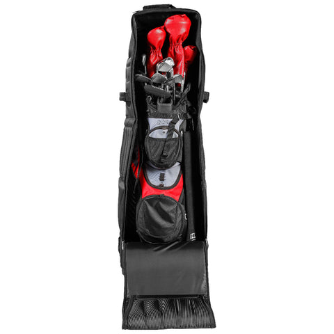 A golf bag stands upright with clubs organized inside it while red headcovers are visible on the top clubs alongside black pockets for storage in a sleek design.