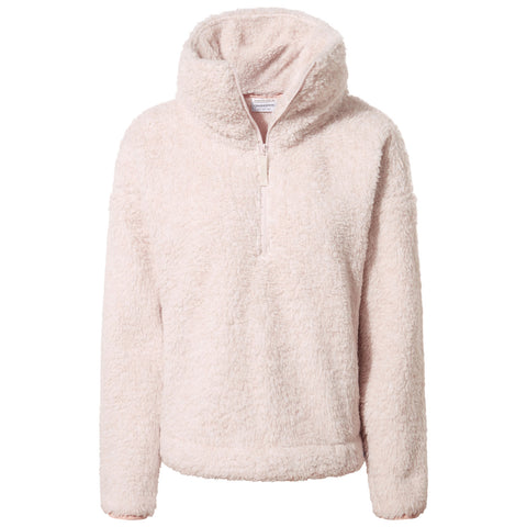 A light pink fuzzy fleece pullover with a half-zip collar is displayed. Its soft texture and loose fit suggest warmth and comfort, suitable for casual wear in cooler environments.