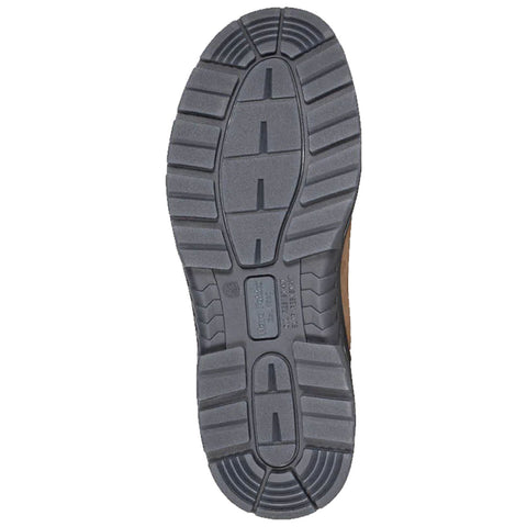 A brown shoe sole is displayed showing its textured black rubber underside designed for traction and durability providing a sturdy base for walking in various environments.