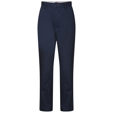 Navy blue trousers stand upright against a plain background showcasing a straight-leg style with a button closure at the waist and side pockets designed for casual or semi-formal wear.