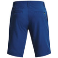 Blue shorts are displayed from the back showing a smooth fabric design and a waistband with two pockets located on the backside indicating a casual or athletic style