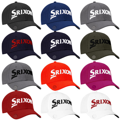 A collection of twelve baseball caps displays various colors including black navy red and white each cap features the word Srixon prominently displayed on the front in contrasting colors.