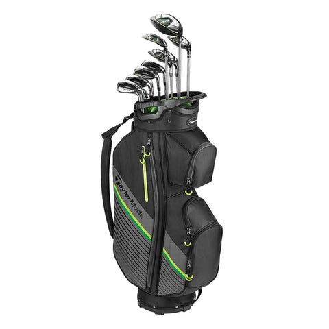 A golf bag stands upright with several clubs protruding from the top. It features multiple zippered pockets and a distinctive black and green design, suitable for carrying golf equipment.