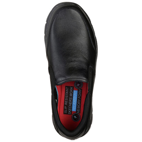 A black slip-on shoe is positioned on a white background with a red and blue insole clearly visible featuring text that reads slip resistant skechers work relaxed fit memory foam