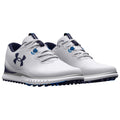 White athletic shoes with blue accents are positioned side by side showcasing their sleek design and textured material suitable for sports or outdoor activities