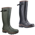 Two pairs of tall rubber boots stand side by side one dark green and the other black both designed for outdoor use featuring textured soles and adjustable straps at the top.