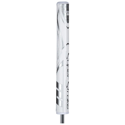 A white putter grip with a sleek design featuring the text Super Stroke is upright displaying its smooth surface and a textured top in a neutral background.