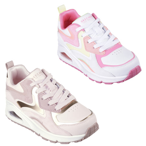 A pair of colorful sneakers is displayed with one shoe primarily white with pink accents and another in light pink tones both featuring textured designs and padded tongues in a bright background.