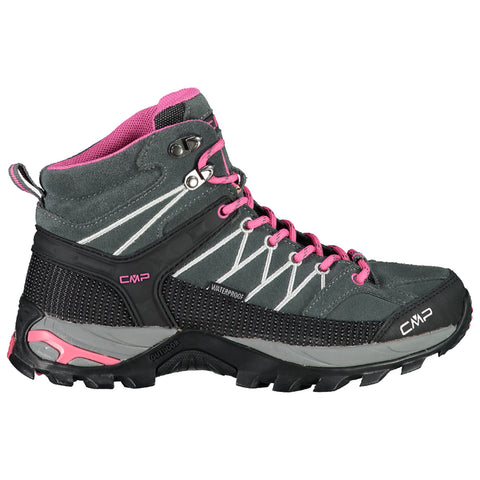 A gray hiking boot with pink accents is displayed standing upright showcasing a waterproof design and textured surface suitable for outdoor activities in rugged environments.