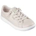 A light beige sneaker with laces sits against a plain background featuring a smooth leather finish and a white rubber sole designed for casual wear and comfort.