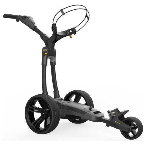 A lightweight electric golf trolley with three large wheels features a handle with controls and a holder for a golf bag designed for transporting golf equipment on the course.