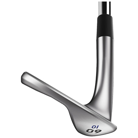 A golf club is displayed angled downward showcasing its sleek silver head designed for striking the ball effectively in a playing context on a golf course.